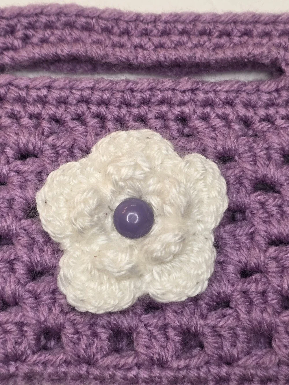 Kids Purse Handmade Yarn Knit Crochet Girls Mini Bag Clutch Purple White Flower
